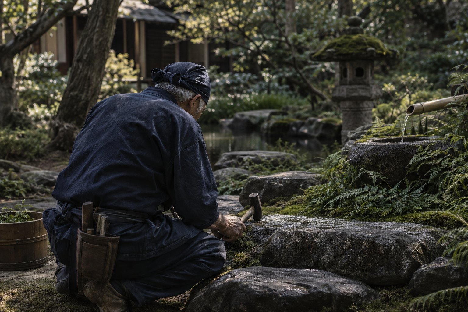 熟練した庭職人の作業風景（AI生成の仮イメージ）