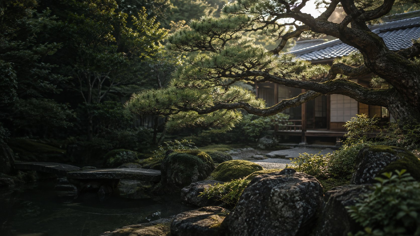 松と日本建築のある静かな庭（AI生成の仮イメージ）