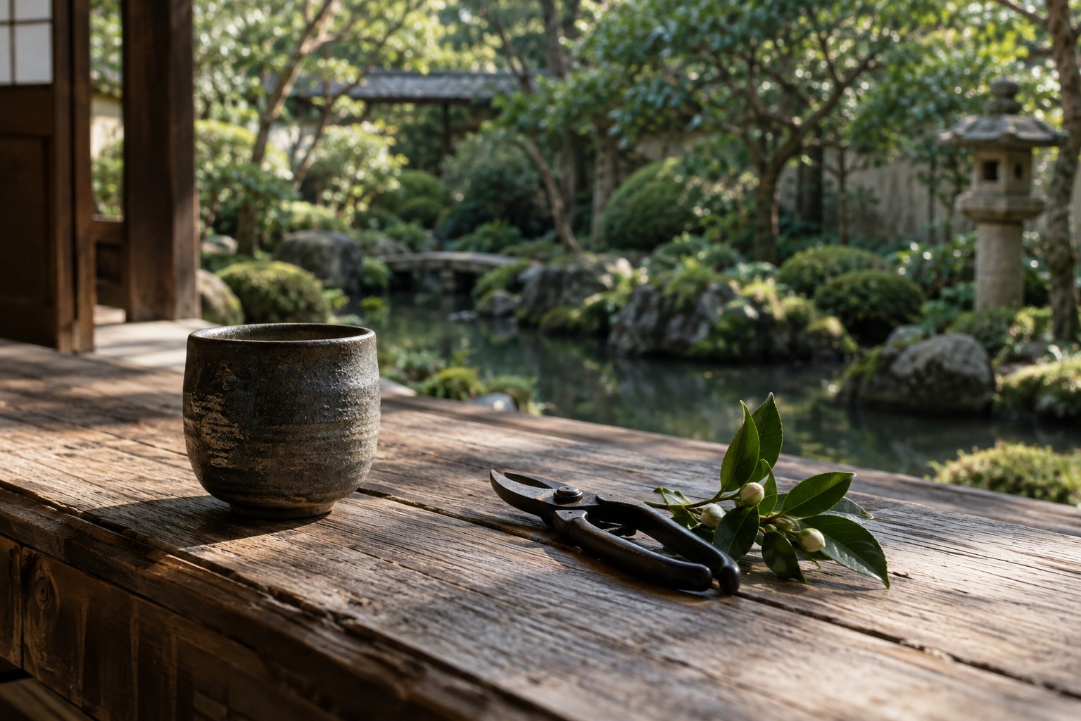 湯呑みと剪定道具の静物（AI生成の仮イメージ）
