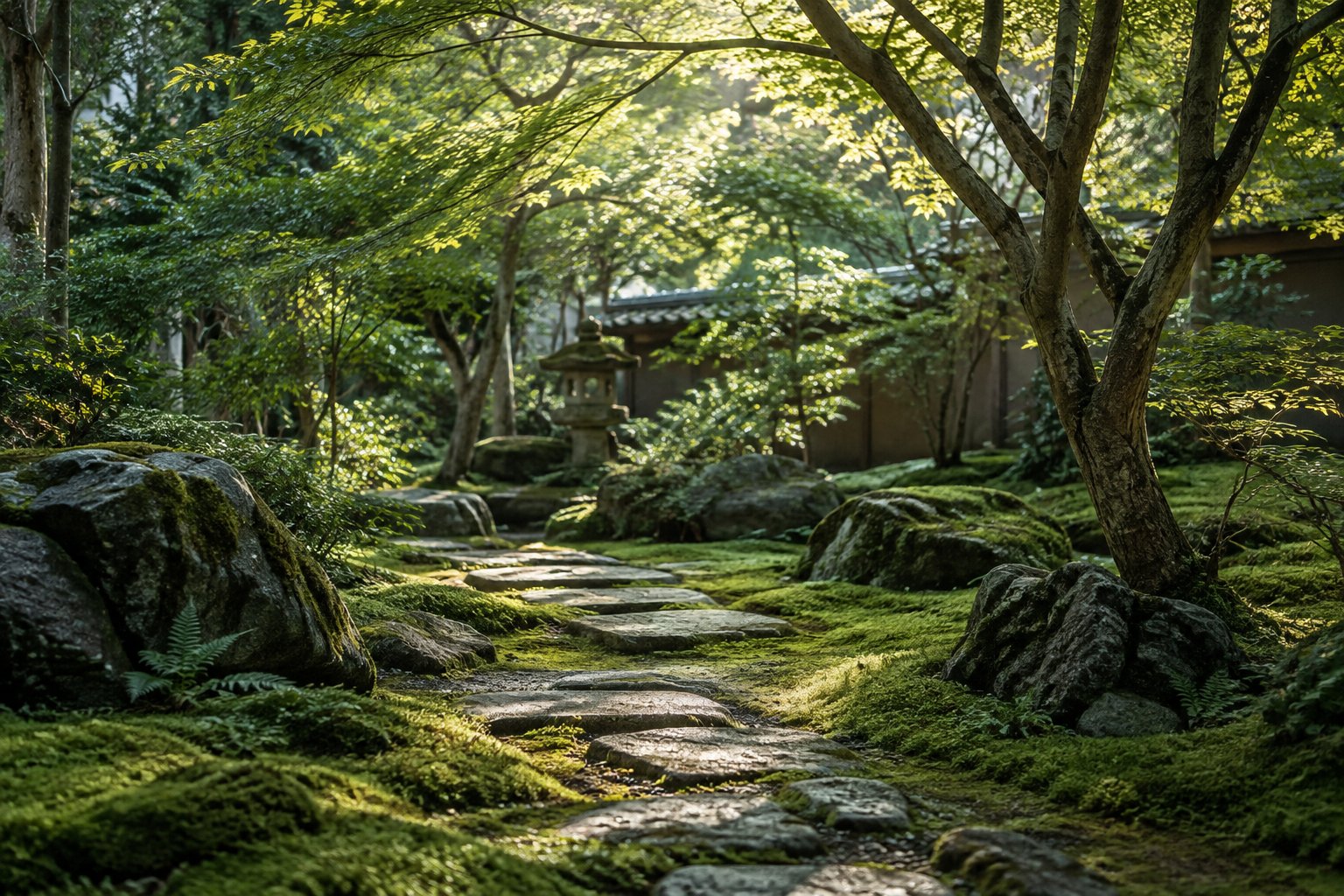 石と苔に木漏れ日が差す庭（AI生成の仮イメージ）